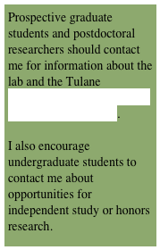Prospective graduate students and postdoctoral researchers should contact me for information about the lab and the Tulane Department of Ecology and Evolutionary Biology. 

I also encourage undergraduate students to contact me about opportunities for independent study or honors research. 
